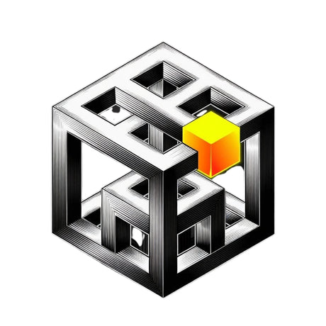 Optical illusion of a cube with a yellow block inside on a white background