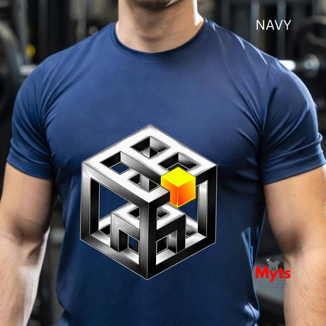 Blue t-shirt with a geometric design featuring a yellow cube, worn by a person.