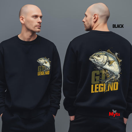 Black sweatshirt with fish graphic and 'GT Legend' text on a gray background