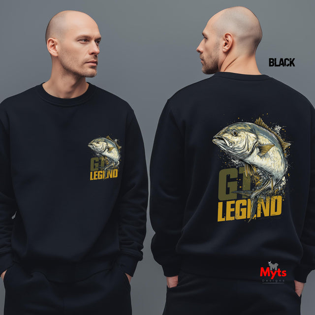 Black sweatshirt with fish graphic and 'GT Legend' text on a gray background
