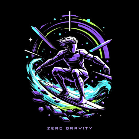 Artistic depiction of a person surfing on a wave with 'Zero Gravity' text, set against a black background.