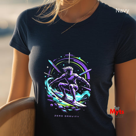 Navy t-shirt with a colorful graphic design of a person surfing zero gravity, worn by a person.