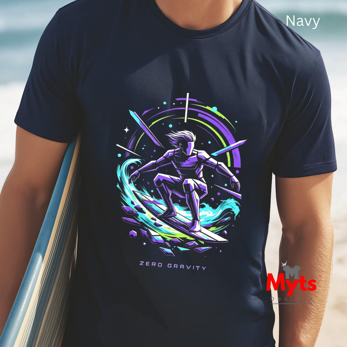 Navy t-shirt with a colorful graphic design of a person on a surfboard, held by a person on a beach.