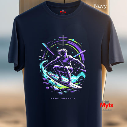 Navy t-shirt with a futuristic design of a person on a surfboard in zero gravity, displayed against a neutral background.