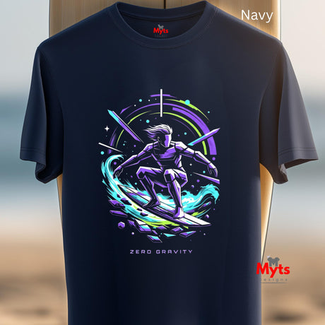 Navy t-shirt with a futuristic design of a person on a surfboard in zero gravity, displayed against a neutral background.