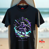Black t-shirt with 'Zero Gravity' design on a surfboard against a beach background