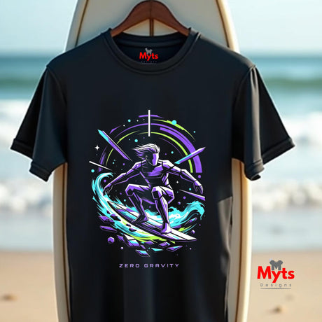 Black t-shirt with 'Zero Gravity' design on a surfboard against a beach background