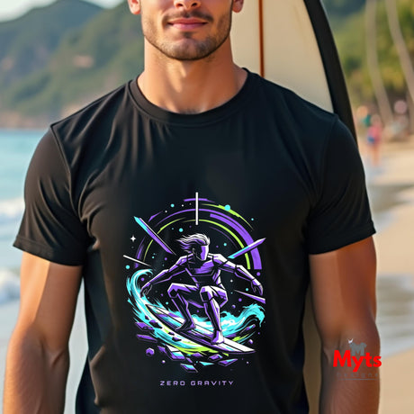 Man wearing a black t-shirt with a colorful graphic design on a beach.