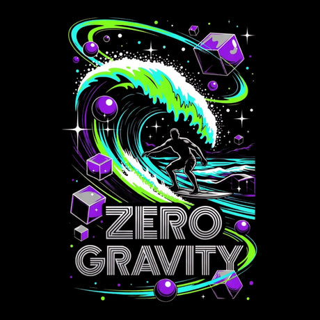 Zero Gravity graphic with a person surfing a wave and floating cubes on a black background