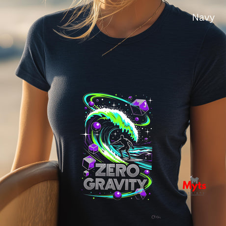 Navy t-shirt with 'Zero Gravity' graphic design featuring a person surfing a wave.