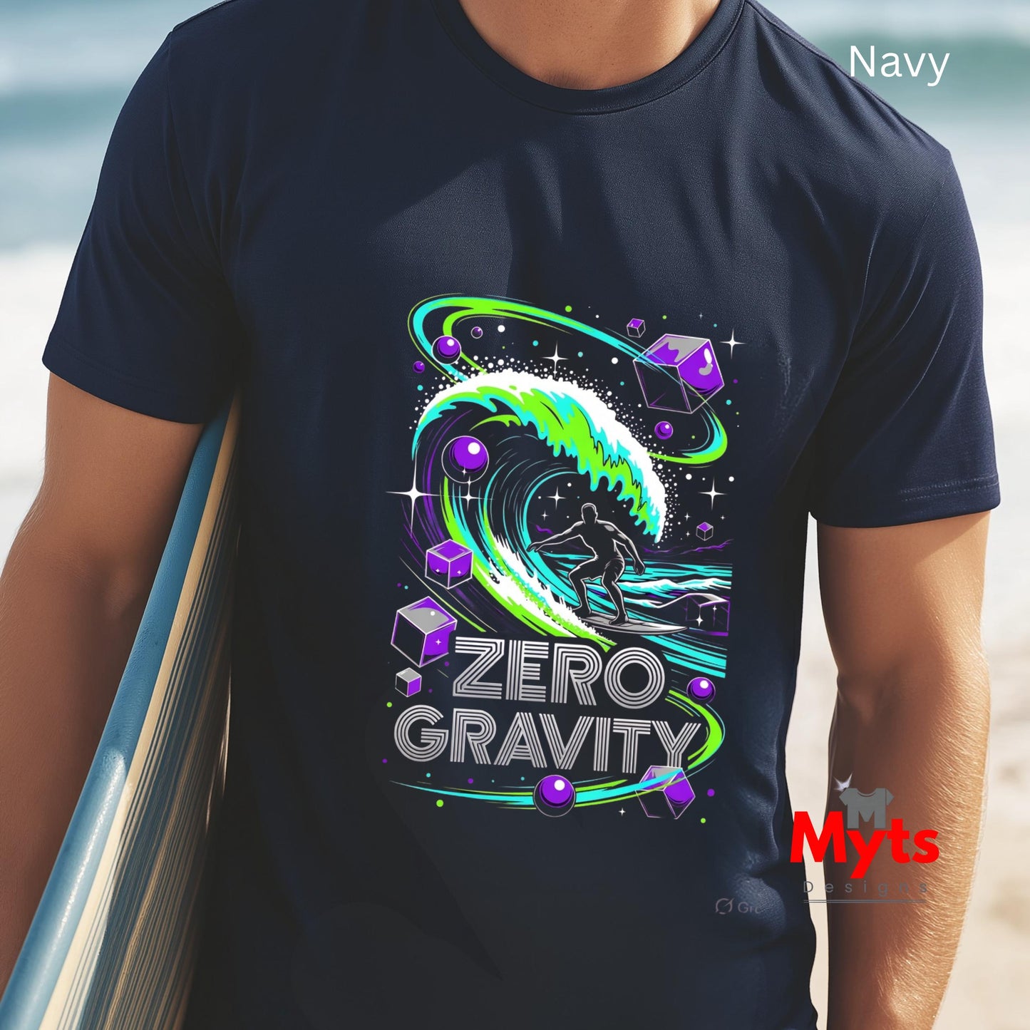 Person wearing a navy t-shirt with a 'Zero Gravity' graphic design on a beach.