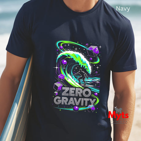 Person wearing a navy t-shirt with a 'Zero Gravity' graphic design on a beach.
