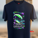 Navy t-shirt with 'Zero Gravity' graphic design on a neutral background