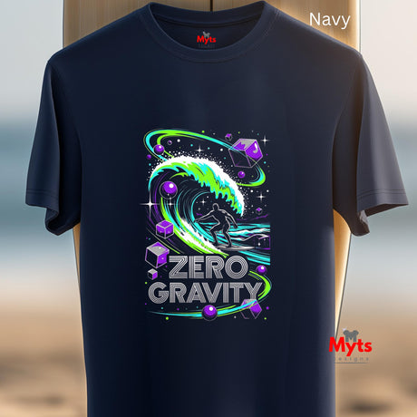 Navy t-shirt with 'Zero Gravity' graphic design on a neutral background