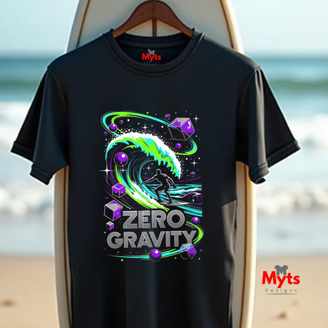 Black t-shirt with 'Zero Gravity' graphic design on a surfboard with beach background