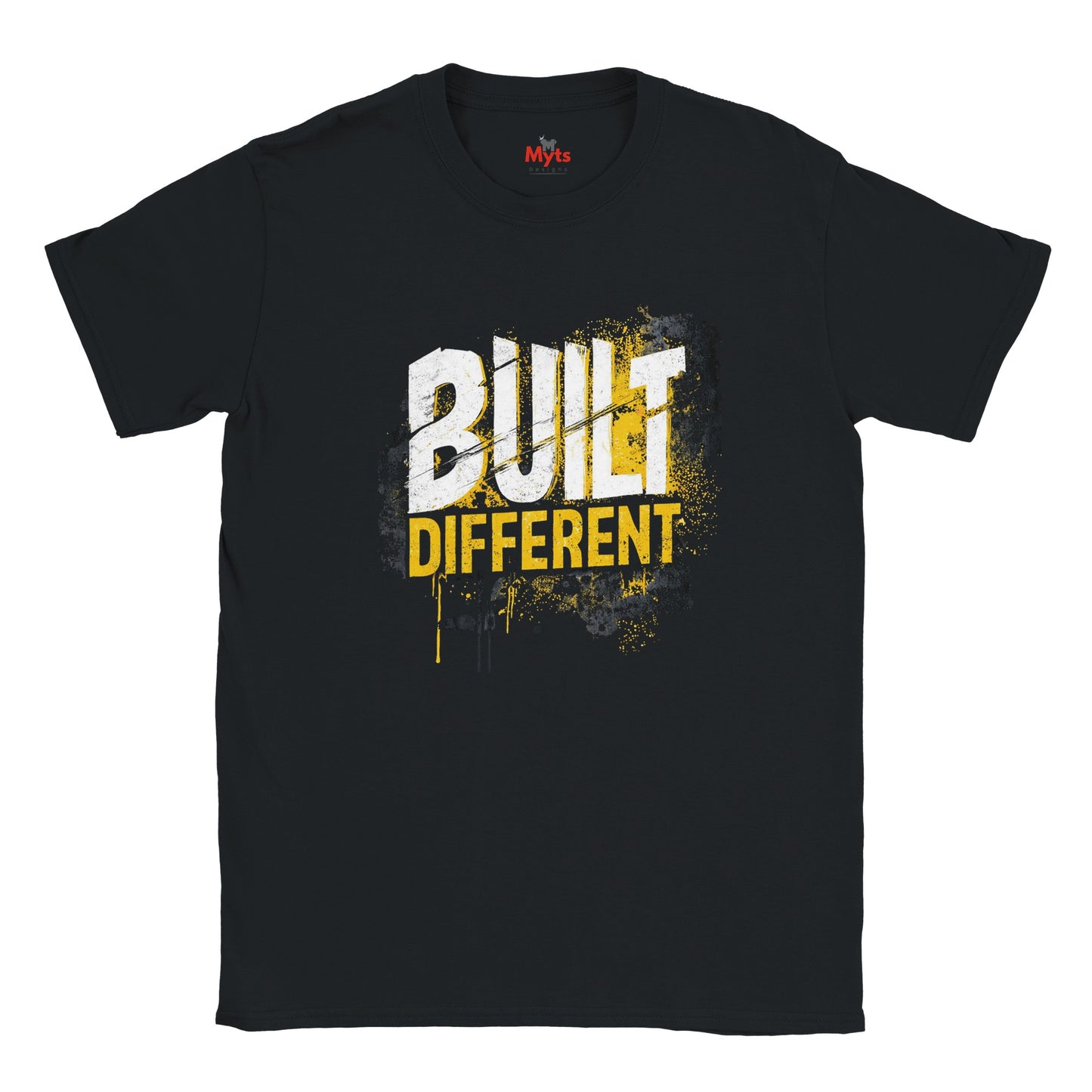 Black t-shirt with 'Built Different' text design on a white background