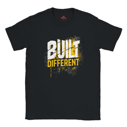 Black t-shirt with 'Built Different' text design on a white background