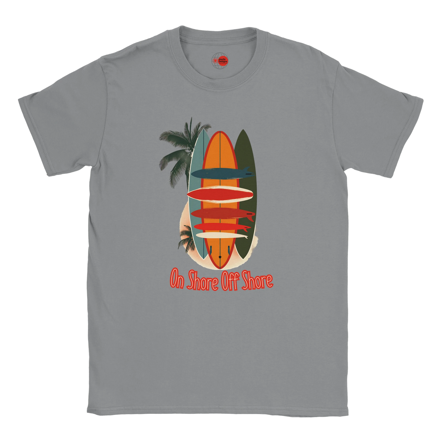 Gray t-shirt with a colorful surfboard and palm tree design on a white background