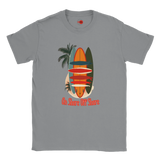 Gray t-shirt with a colorful surfboard and palm tree design on a white background