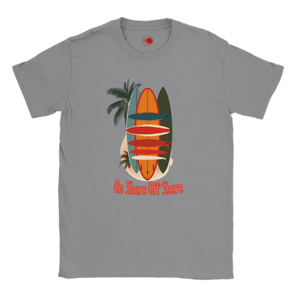 Gray t-shirt with a colorful surfboard and palm tree design on a white background