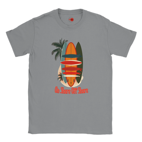 Gray t-shirt with a colorful surfboard and palm tree design on a white background