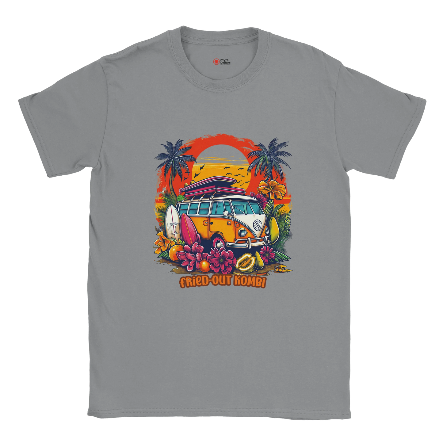 A grey T-shirt with a vibrant graphic of a retro yellow Kombi van, surfboards, tropical flowers, palm trees, and a bold orange sunset.