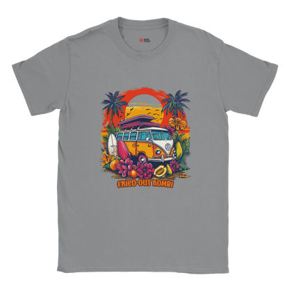 A grey T-shirt with a vibrant graphic of a retro yellow Kombi van, surfboards, tropical flowers, palm trees, and a bold orange sunset.