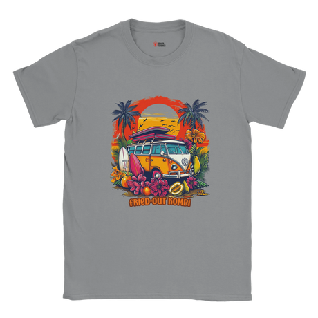A grey T-shirt with a vibrant graphic of a retro yellow Kombi van, surfboards, tropical flowers, palm trees, and a bold orange sunset.