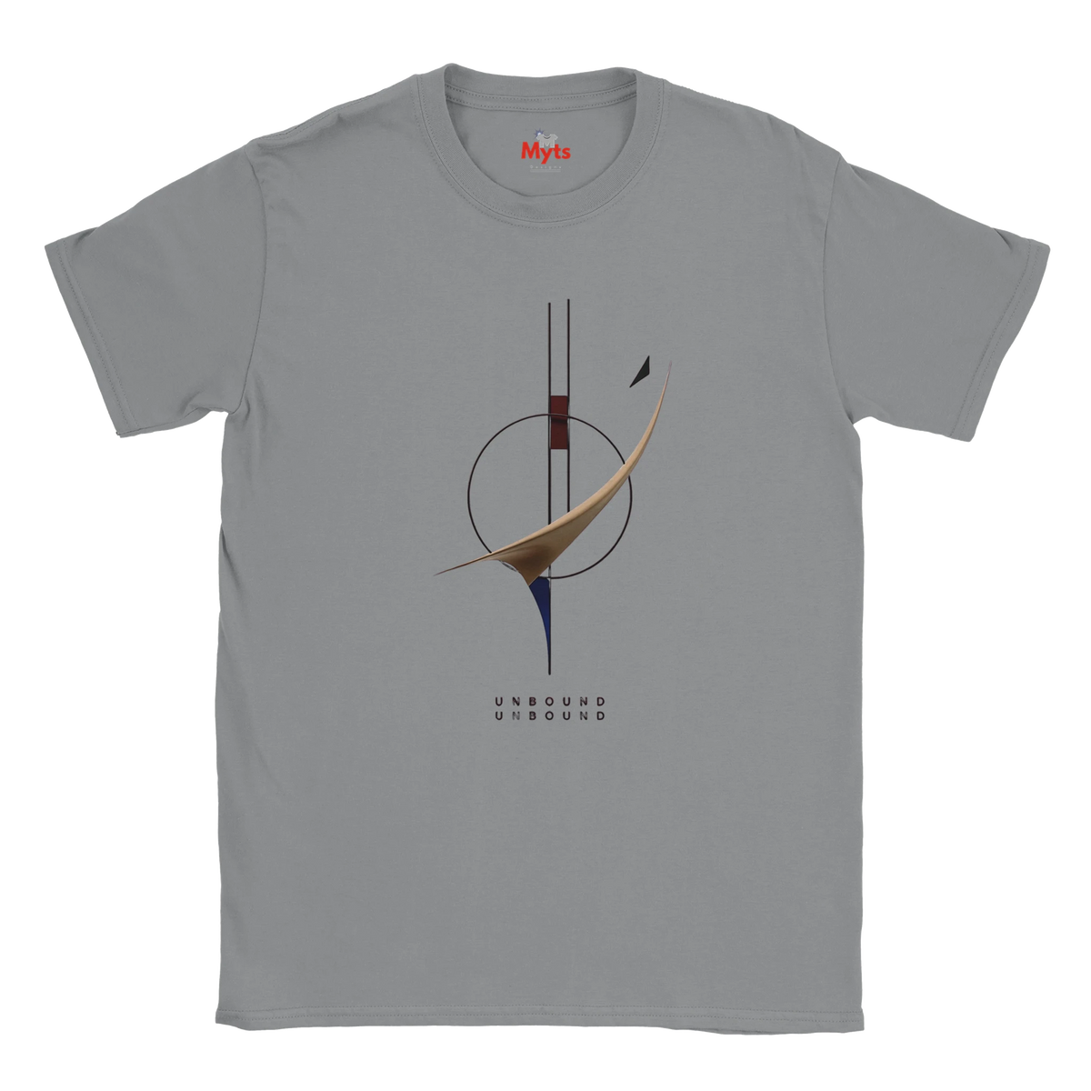 Sports Grey t-shirt with a graphic of a minimalistic design and text on a white background