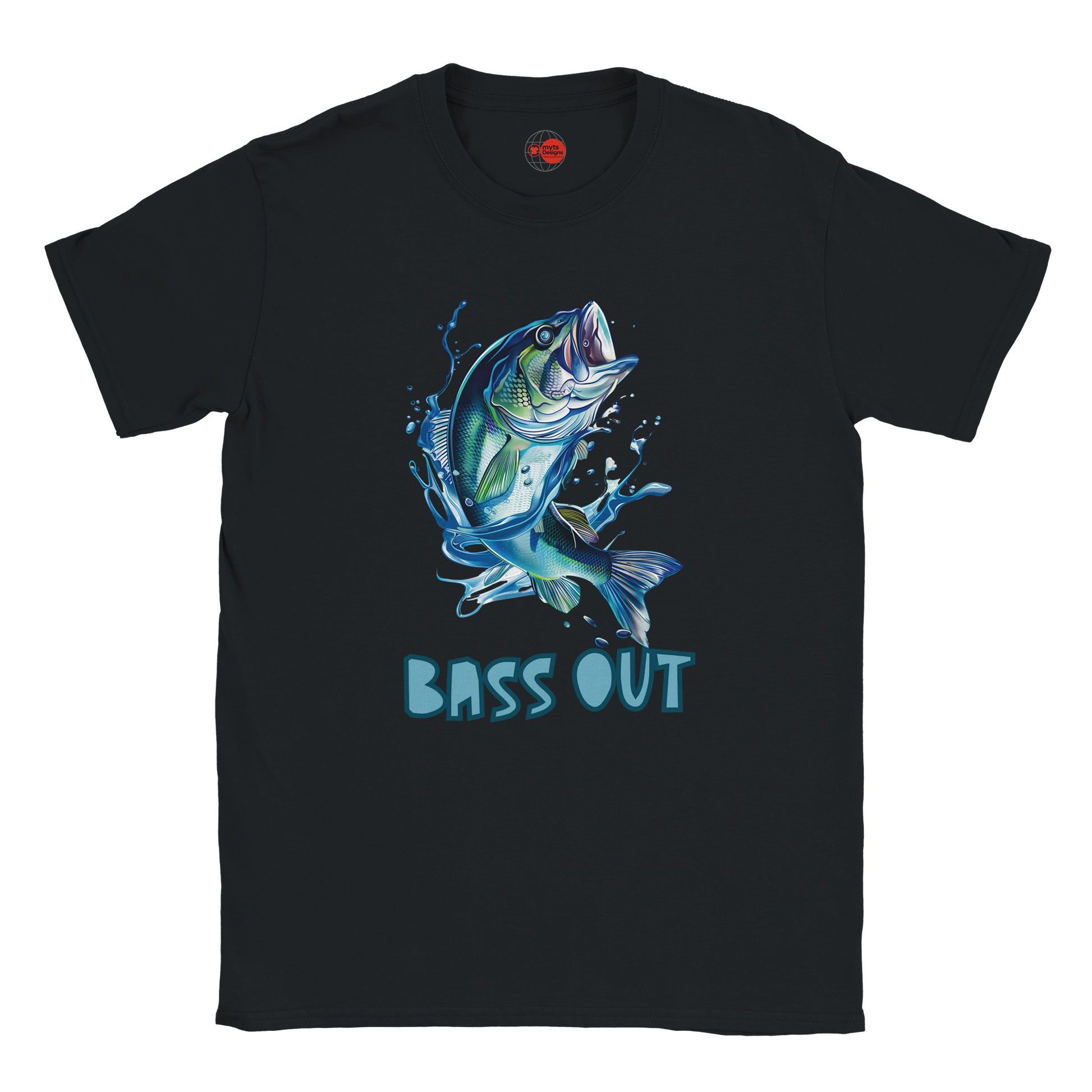 Black t-shirt with a blue bass graphic and 'BASS OUT' text on a white background