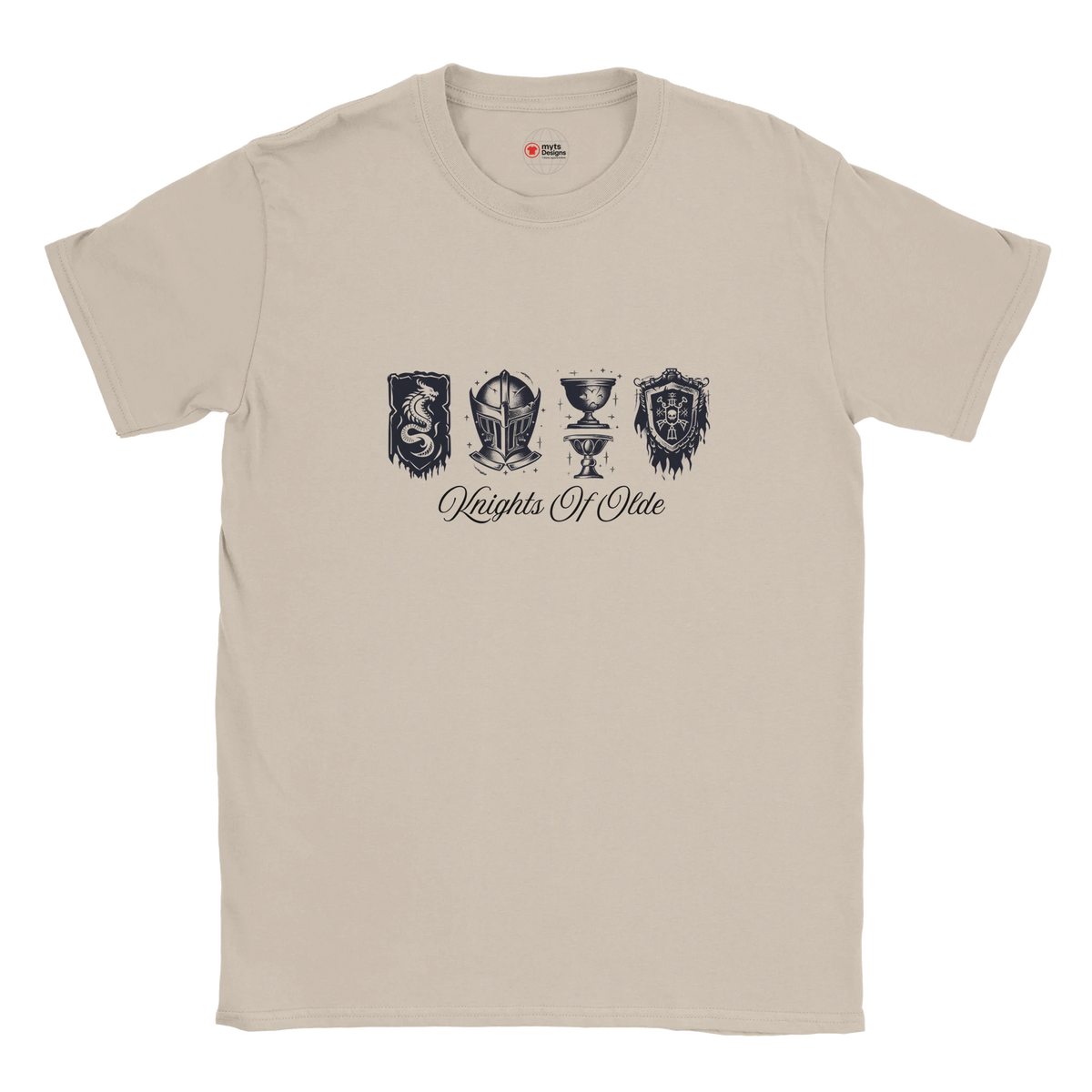 Beige t-shirt with black graphic design and text on a white background