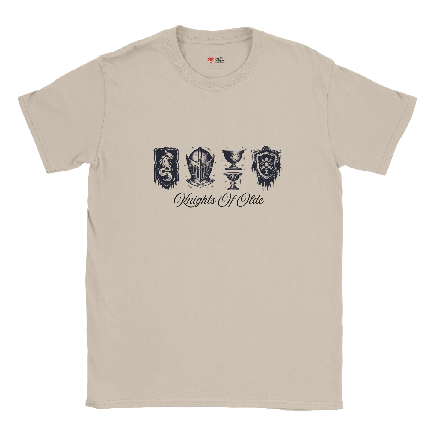 Beige t-shirt with black graphic design and text on a white background