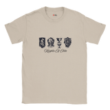 Beige t-shirt with black graphic design and text on a white background