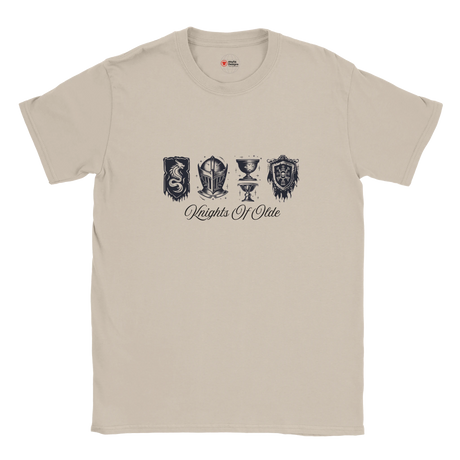 Beige t-shirt with black graphic design and text on a white background