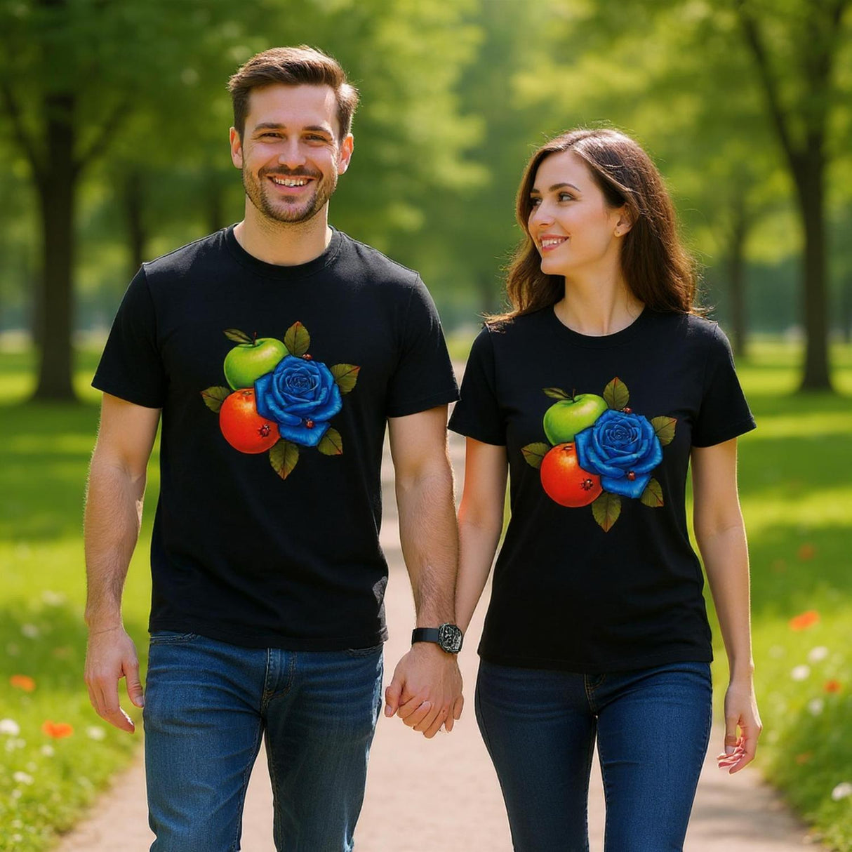 Man and woman walking hand in hand in a park wearing matching black t-shirts with colorful designs.