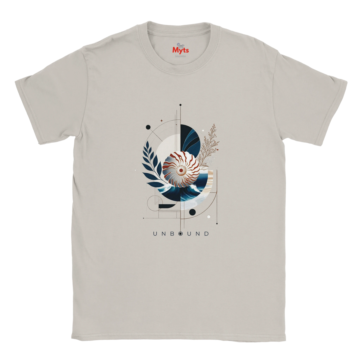 "Ice Grey Coastal Nautilus graphic T-shirt, flat front view”