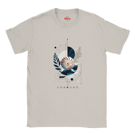 "Ice Grey Coastal Nautilus graphic T-shirt, flat front view”