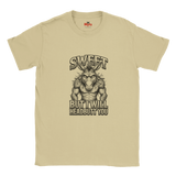 Natural unisex t-shirt featuring a muscular donkey graphic with “Sweet But I Will Headbutt You” slogan by MytsDesigns.