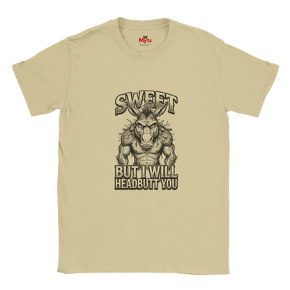 Natural unisex t-shirt featuring a muscular donkey graphic with “Sweet But I Will Headbutt You” slogan by MytsDesigns.