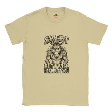 Natural unisex t-shirt featuring a muscular donkey graphic with “Sweet But I Will Headbutt You” slogan by MytsDesigns.