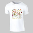 A white crewneck t-shirt with a printed floral design and the text 'Nature's Palette' on the front.