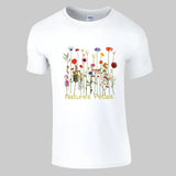 A white crewneck t-shirt with a printed floral design and the text 'Nature's Palette' on the front.