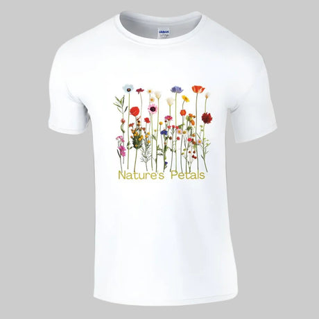 A white crewneck t-shirt with a printed floral design and the text 'Nature's Palette' on the front.