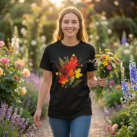 Woman wearing a black t-shirt with a colorful leaf design, holding flowers in a garden.