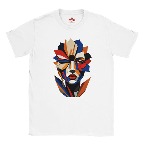 Abstract Geometric Face T-Shirt in White — bold geometric portrait art graphic tee by Mytsdesigns
