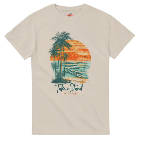 Sand t-shirt with a tropical design featuring palm trees and a sunset, and text 'Take a Stand to Stand'.