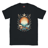 A black short-sleeve crewneck t-shirt featuring a colorful graphic print of a seashell, starfish, and seagrass on the front, displayed against a solid white background.