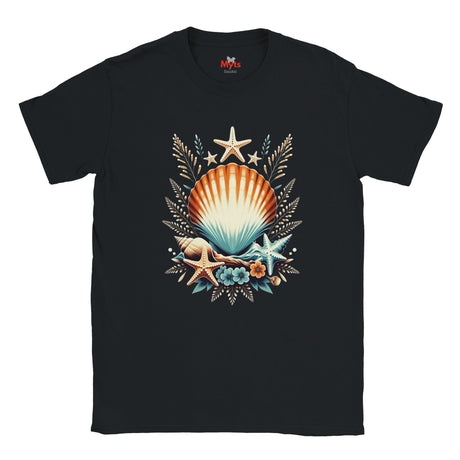 A black short-sleeve crewneck t-shirt featuring a colorful graphic print of a seashell, starfish, and seagrass on the front, displayed against a solid white background.