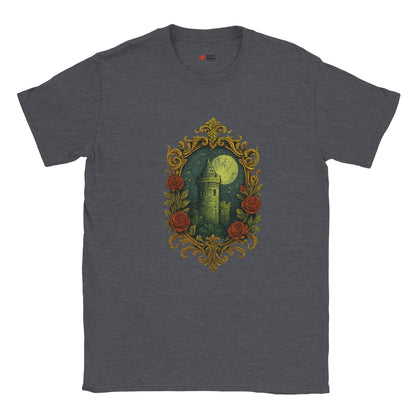 Dark gray t-shirt with a decorative design of a castle and roses on a white background