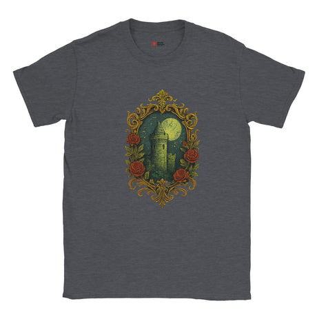 Dark gray t-shirt with a decorative design of a castle and roses on a white background